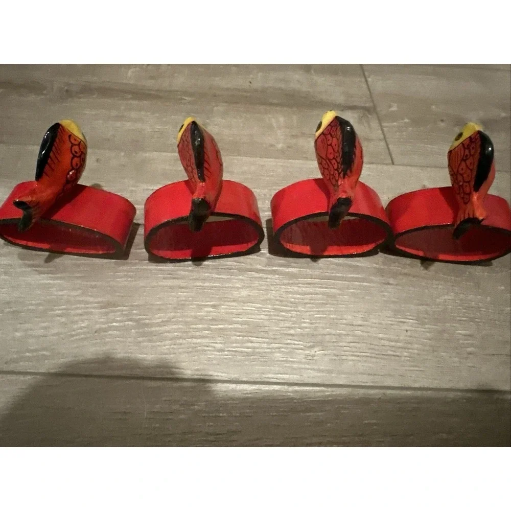 4 Vintage Red Hand Painted Wood‎ Wooden Fish Koi Napkin Ring Holders